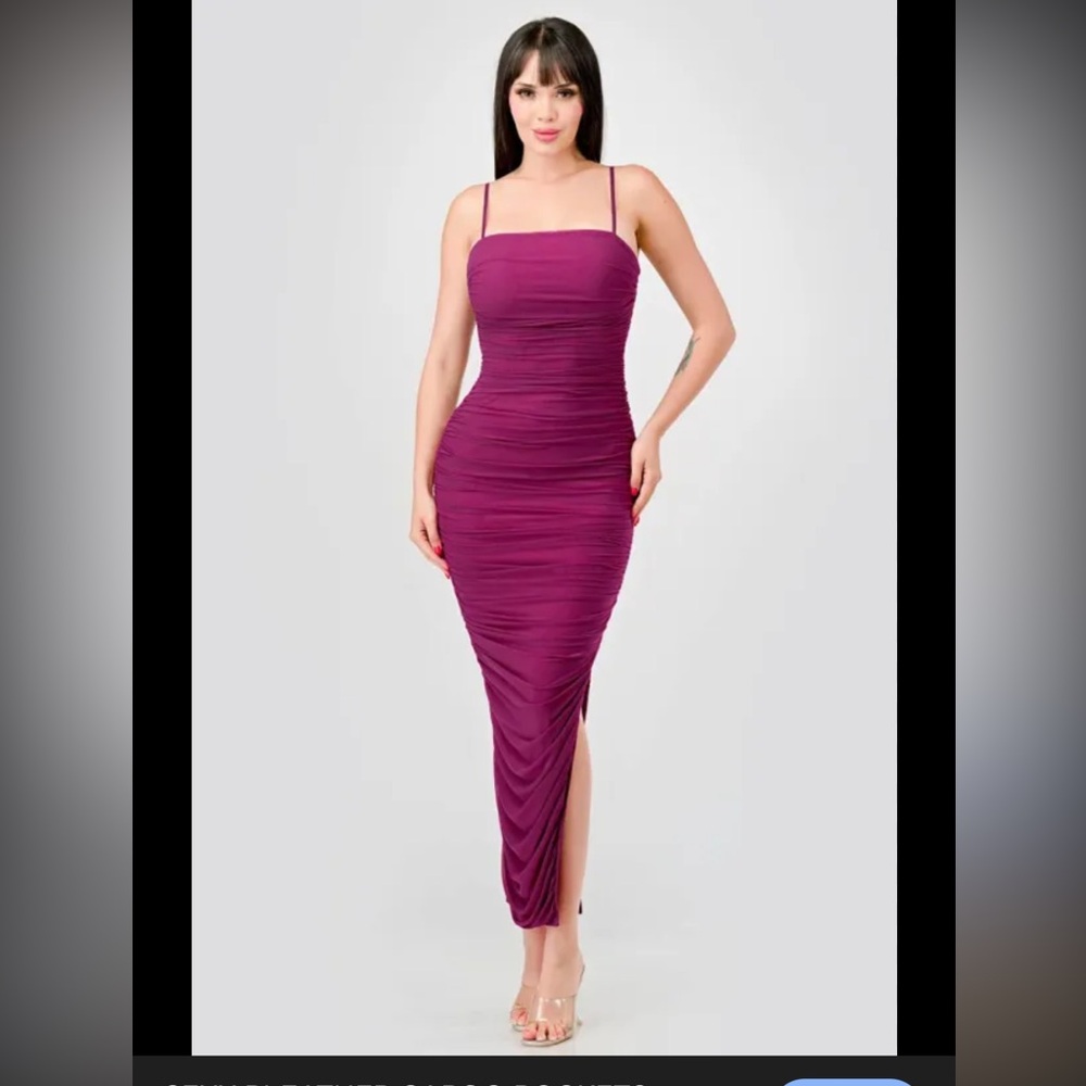 Privy dark plum ruched bodycon slit bottom spaghetti straps dress